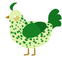 A apple and leaf chicken with a speckle pattern