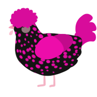 A black and fuchsia chicken with a speckle pattern