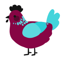 A maroon and aqua chicken with a neck-speckle pattern