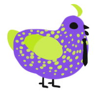 A blurple and lime chicken with a speckle pattern