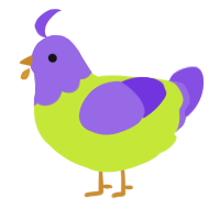 A lime and blurple chicken with a head pattern