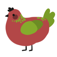A red and chartreuse chicken with a neck-speckle pattern