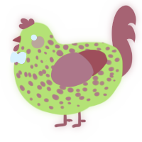 A lime and red chicken with a speckle pattern