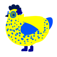 A yellow and ultramarine chicken with a speckle pattern
