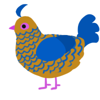 A ochre and ultramarine chicken with a lace pattern