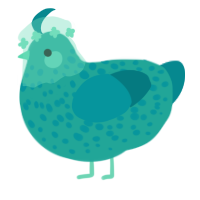 A turquoise and teal chicken with a speckle pattern
