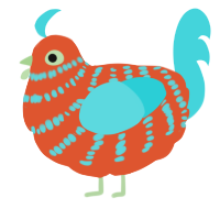 A vermilion and aqua chicken with a bar pattern