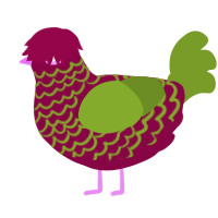 A maroon and chartreuse chicken with a lace pattern