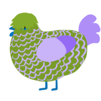 A chartreuse and lilac chicken with a lace pattern