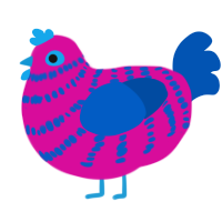 A fuchsia and ultramarine chicken with a bar pattern