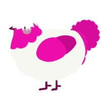A white and fuchsia chicken with a head pattern