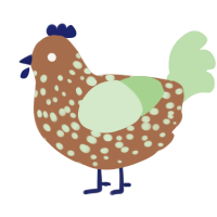 A brown and gluppy chicken with a speckle pattern