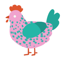 A pink and turquoise chicken with a speckle pattern