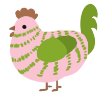 A rose and chartreuse chicken with a bar pattern