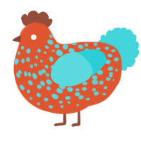 A vermilion and aqua chicken with a speckle pattern