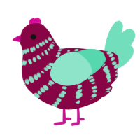A maroon and mint chicken with a bar pattern