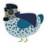 A pink and ultramarine chicken with a speckle pattern