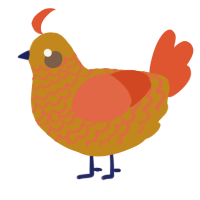 A ochre and vermilion chicken with a lace pattern