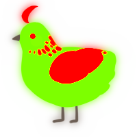 A grass and vermilion chicken with a neck-speckle pattern
