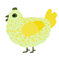 A apple and yellow chicken with a speckle pattern