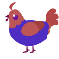 A indigo and red chicken with a head pattern