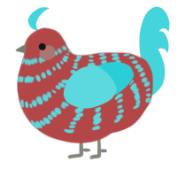 A red and aqua chicken with a bar pattern