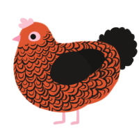 A vermilion and sable chicken with a double-lace pattern