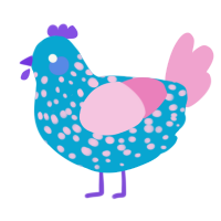 A cerulean and pink chicken with a speckle pattern