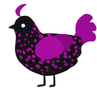 A black and plum chicken with a speckle pattern