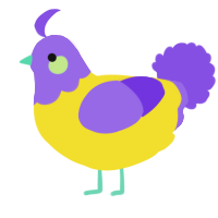 A yellow and blurple chicken with a head pattern