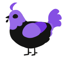 A black and blurple chicken with a head pattern