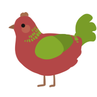 A red and chartreuse chicken with a neck-band pattern