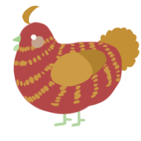 A red and gold chicken with a bar pattern