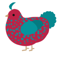A crimson and teal chicken with a speckle pattern