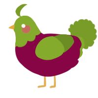 A maroon and chartreuse chicken with a head pattern