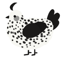 A white and sable chicken with a speckle pattern