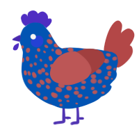 A ultramarine and red chicken with a speckle pattern
