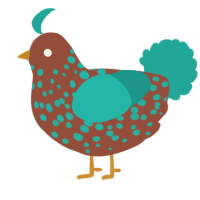 A russet and turquoise chicken with a speckle pattern