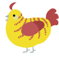 A yellow and red chicken with a half-bar pattern