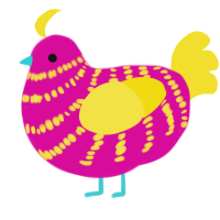 A fuchsia and yellow chicken with a bar pattern