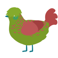 A chartreuse and red chicken with a half-lace pattern