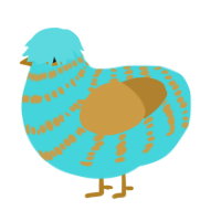 A aqua and gold chicken with a bar pattern