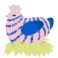 A rose and ultramarine chicken with a bar pattern