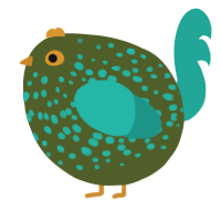 A olive and turquoise chicken with a speckle pattern