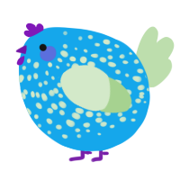 A sky and gluppy chicken with a speckle pattern