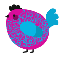 A fuchsia and cerulean chicken with a double-lace pattern