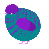 A teal and violet chicken with a bar pattern
