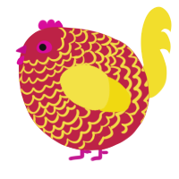 A crimson and yellow chicken with a lace pattern