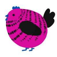 A fuchsia and black chicken with a bar pattern