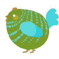A chartreuse and aqua chicken with a bar pattern